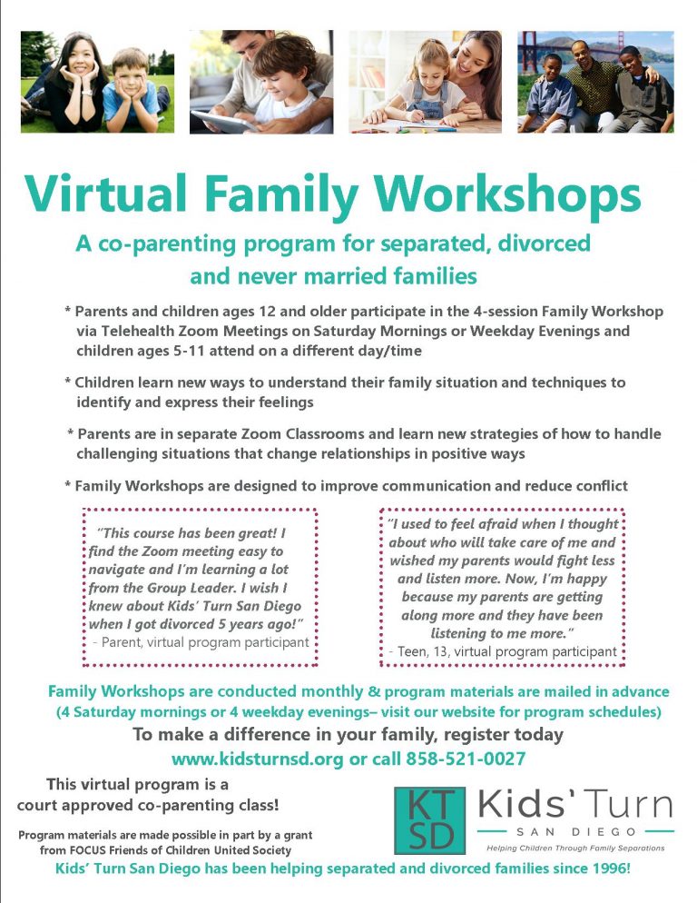 VIRTUAL Family Workshop Program Flier - Kids' Turn San Diego